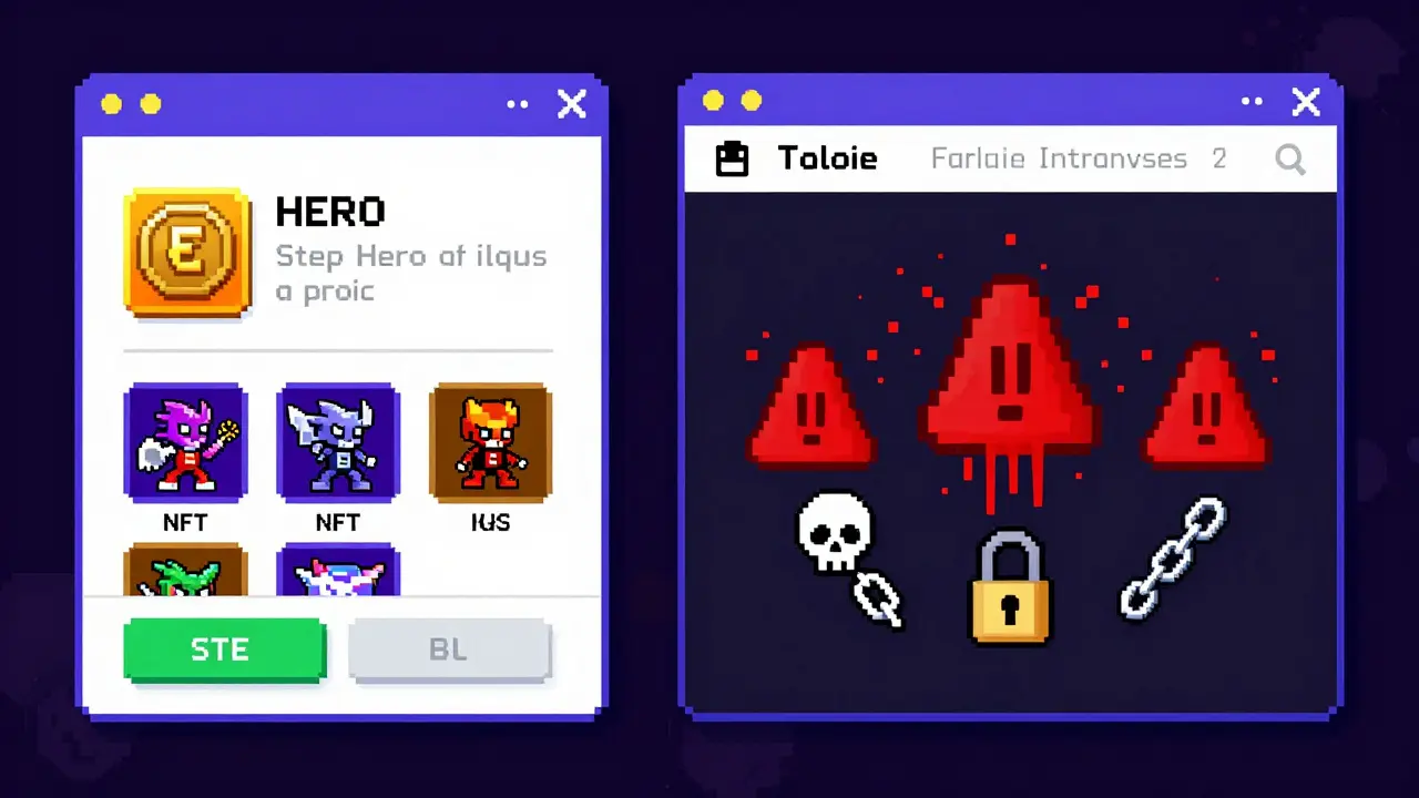 Wallet interface split between official Step Hero tools and a fake scam site with warning pixels.