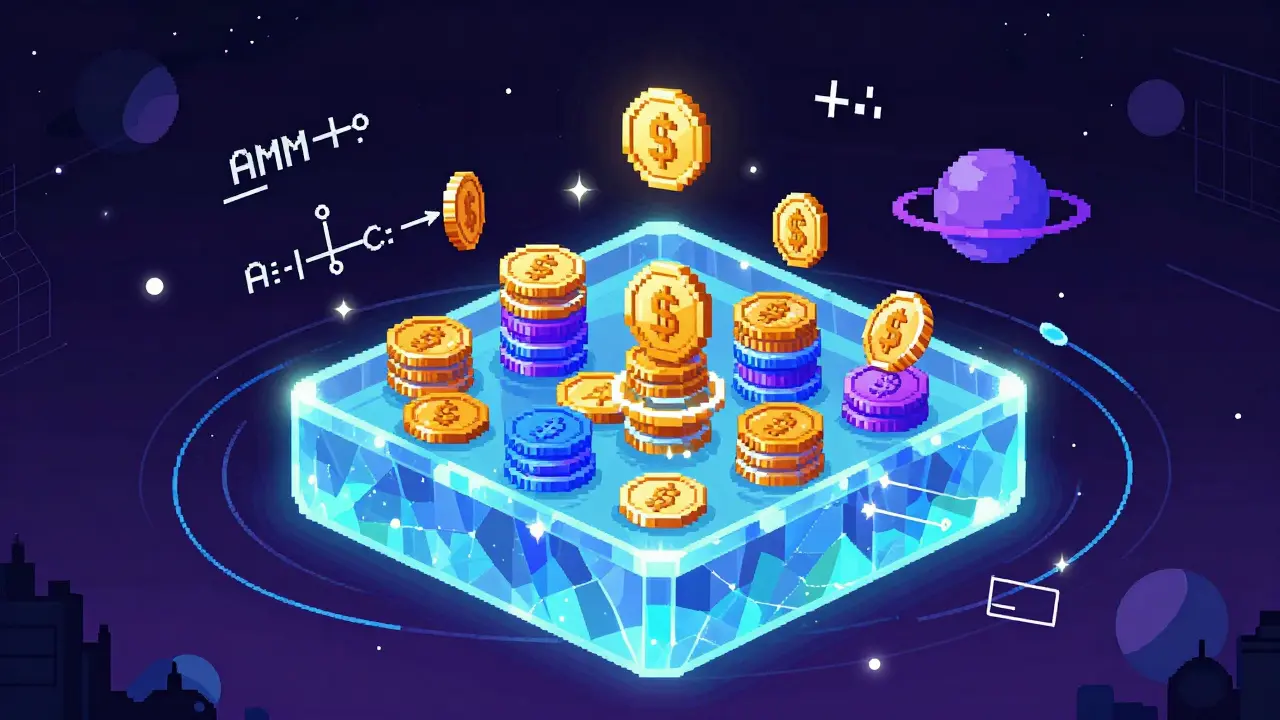 A glowing pool of digital coins surrounded by mathematical symbols in pixel art style.