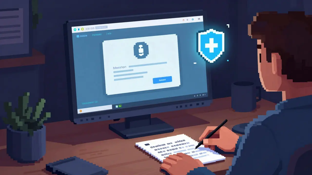 A person's desk with a computer and a handwritten seed phrase on paper in pixel art.