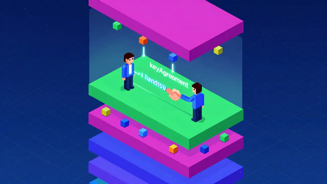 Isometric pixel art of a digital protocol stack with data packets and a glowing cryptographic handshake.