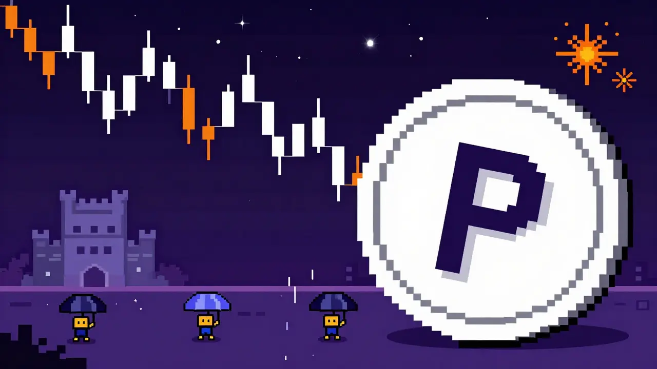 Pixel art chart showing volatile price movements and market risk.