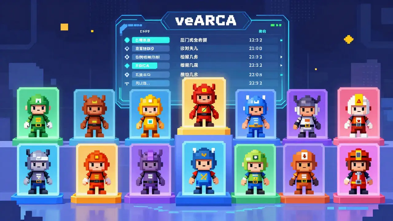 Pixel art collection of toy hero NFT characters with a governance voting interface