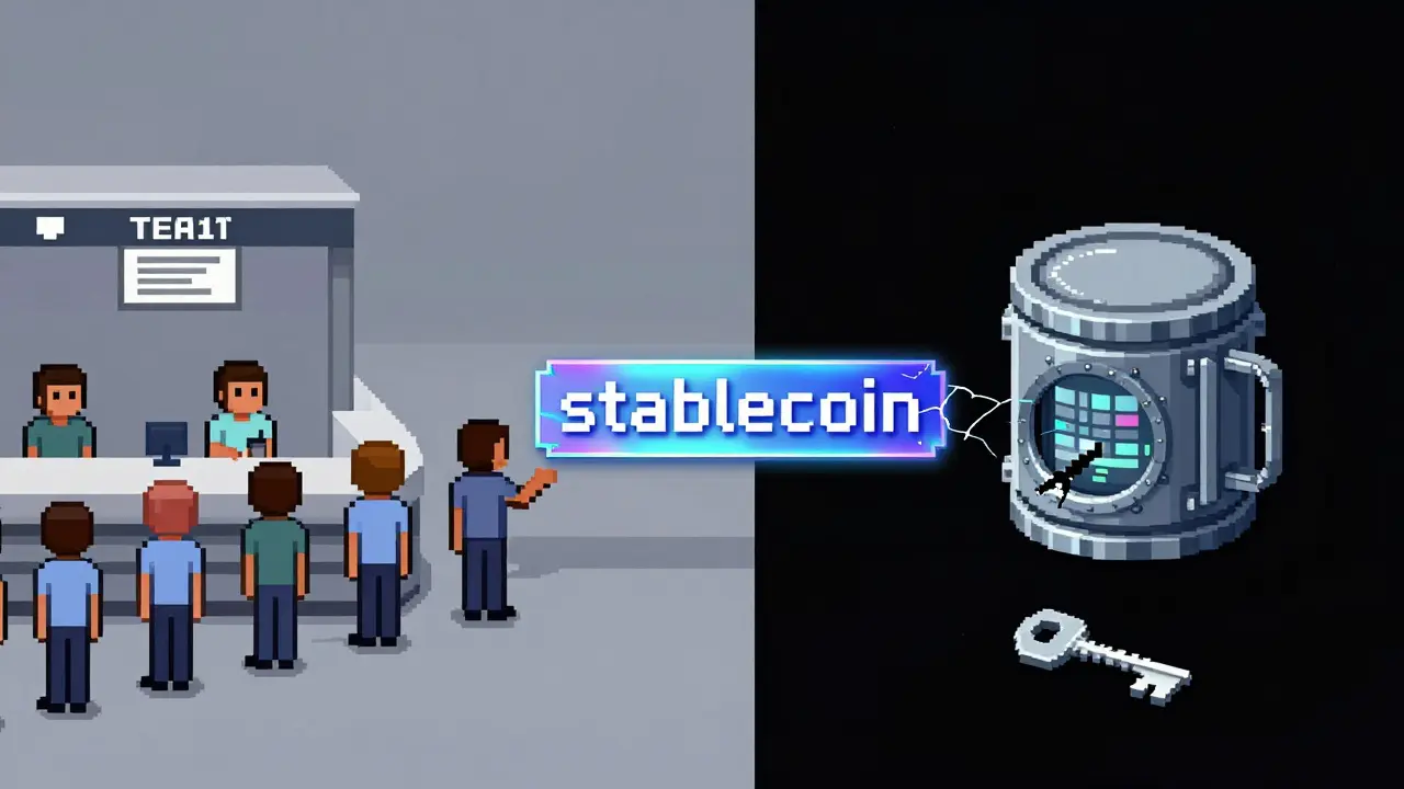 Pixel art comparing a slow bank queue and a lost crypto key with a cracked stablecoin bridge.