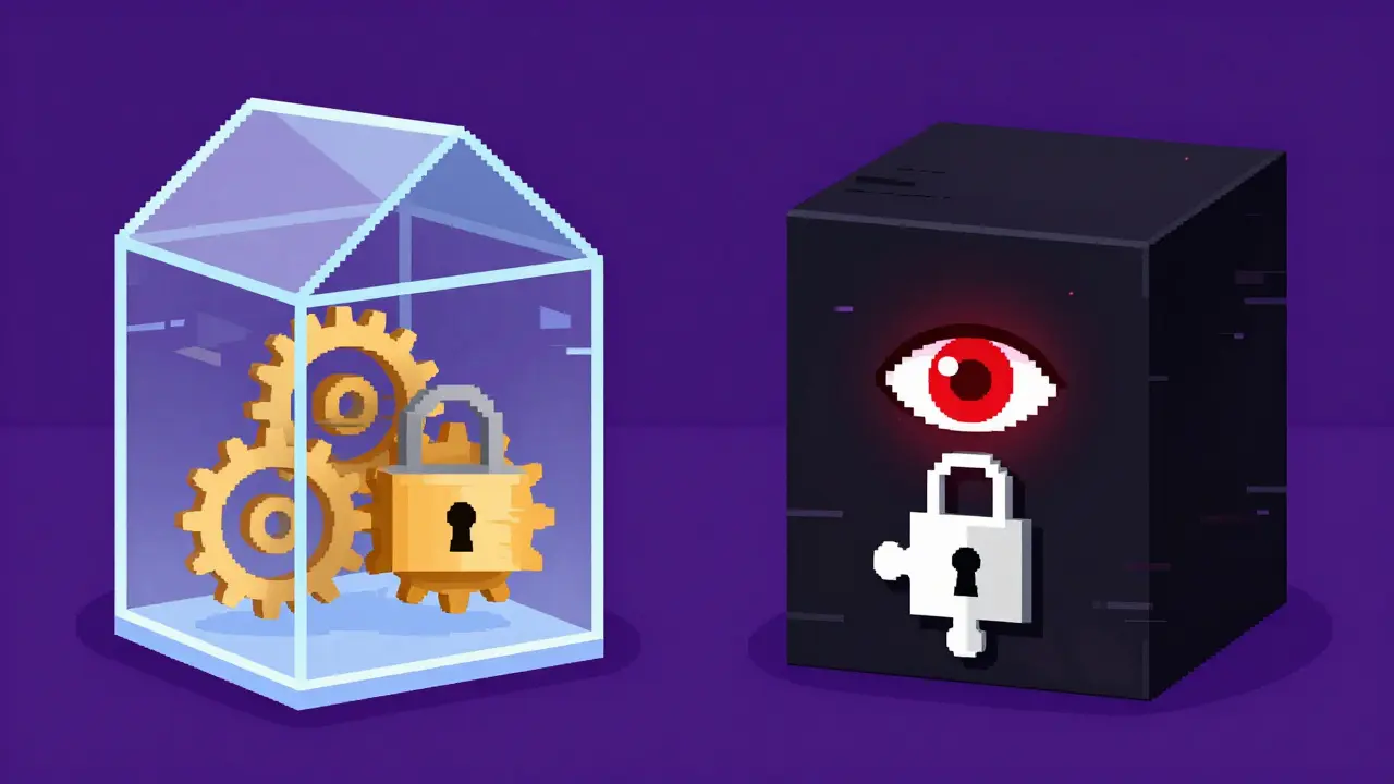 Pixel art comparing a transparent secure system with an opaque black box.