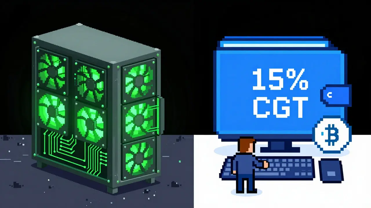 Pixel art depicting a crypto mining rig and a digital wallet for tax comparison.