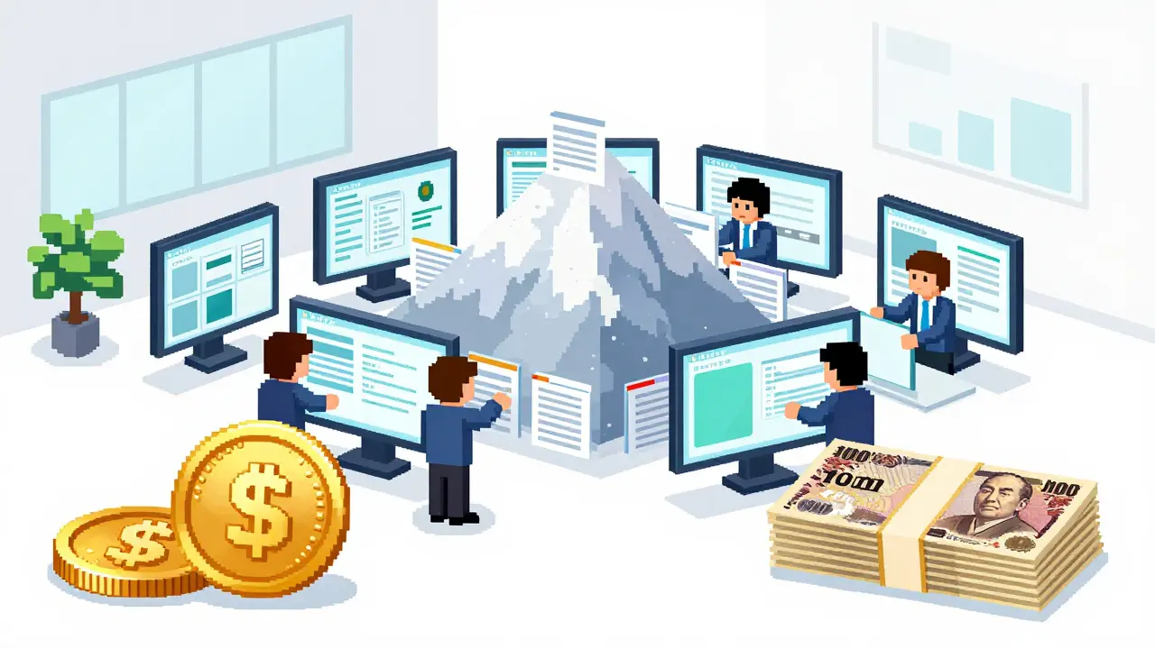 Pixel art depicting a Japanese corporate office with documents and capital requirements.