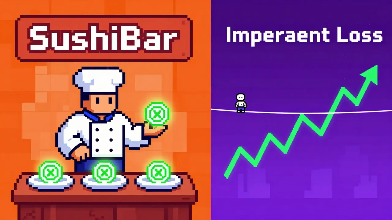 Pixel art depicting the SushiBar rewards and a character balancing on a price graph