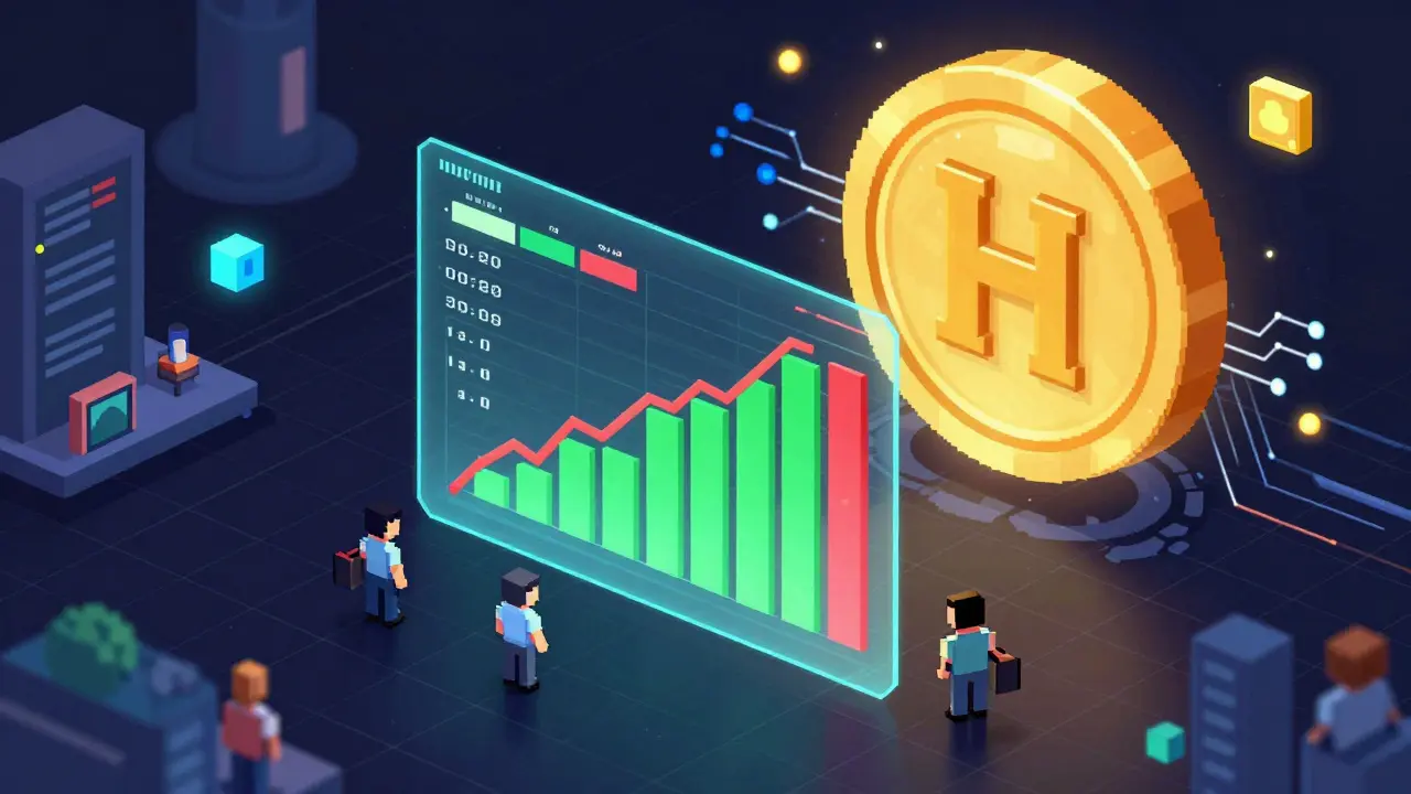 Pixel art holographic trading interface with a glowing golden HENAI token and data nodes.