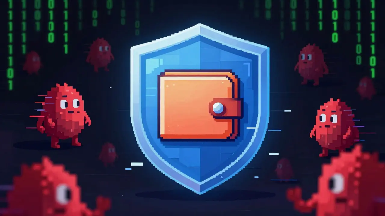 Pixel art illustration of a secure digital wallet protected by an energy shield from scams.