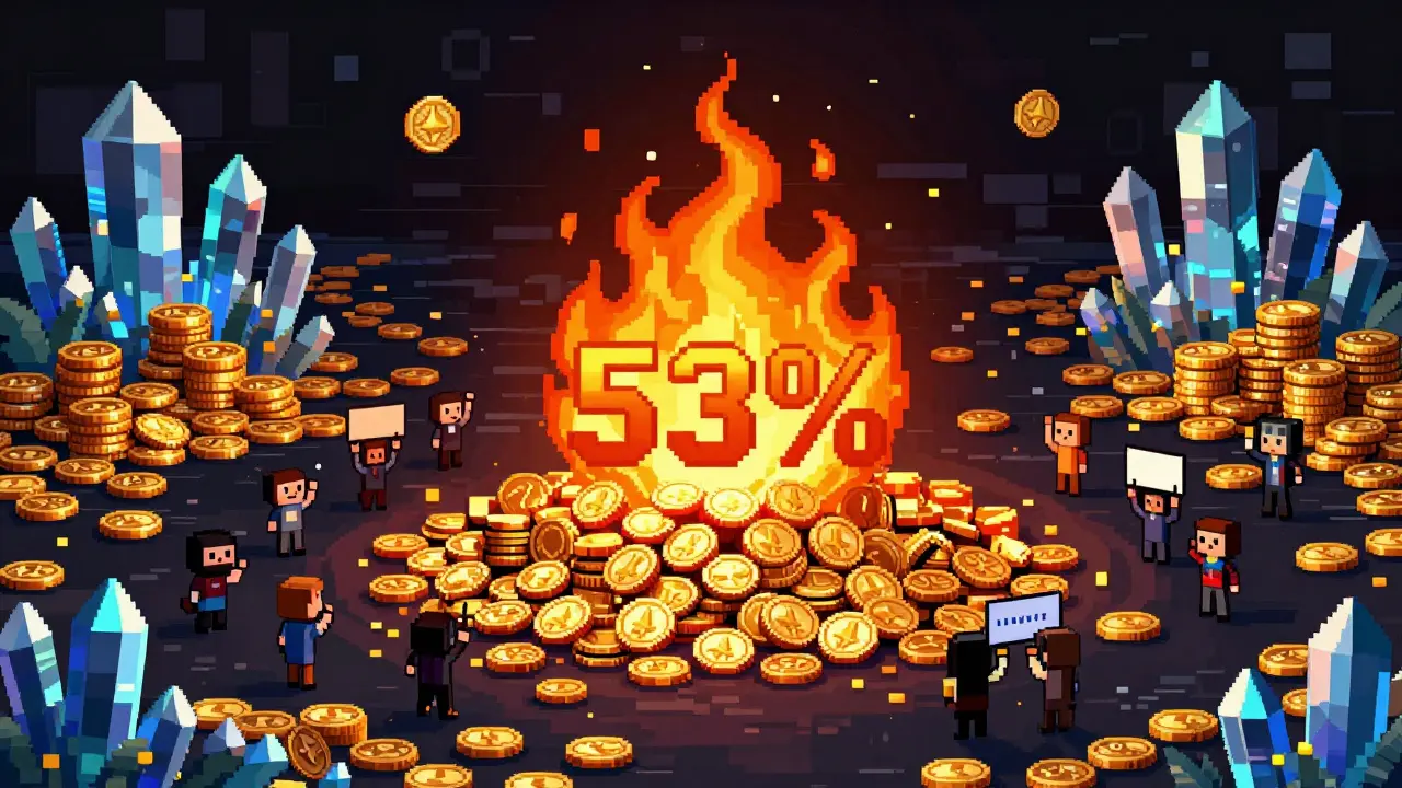 Pixel art illustration of gold tokens being burned in a digital fire surrounded by a community.