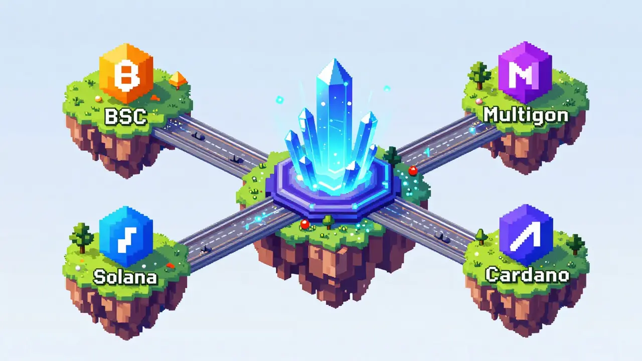 Pixel art isometric view of MultiPad connecting five different blockchain networks.