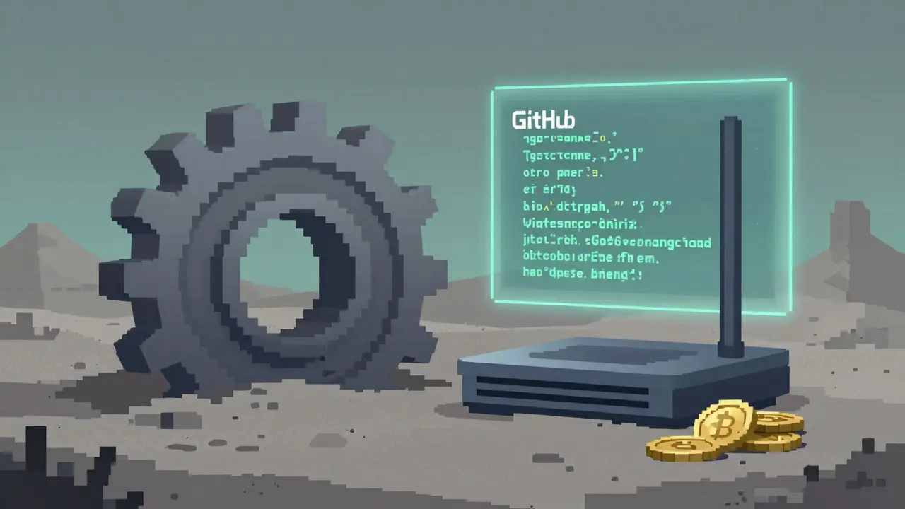 Pixel art of a buried router and frozen code, symbolizing a stagnant crypto project.