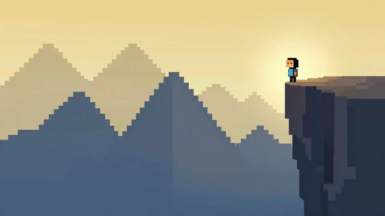 Pixel art of a character standing on a jagged price chart peak, symbolizing market volatility.