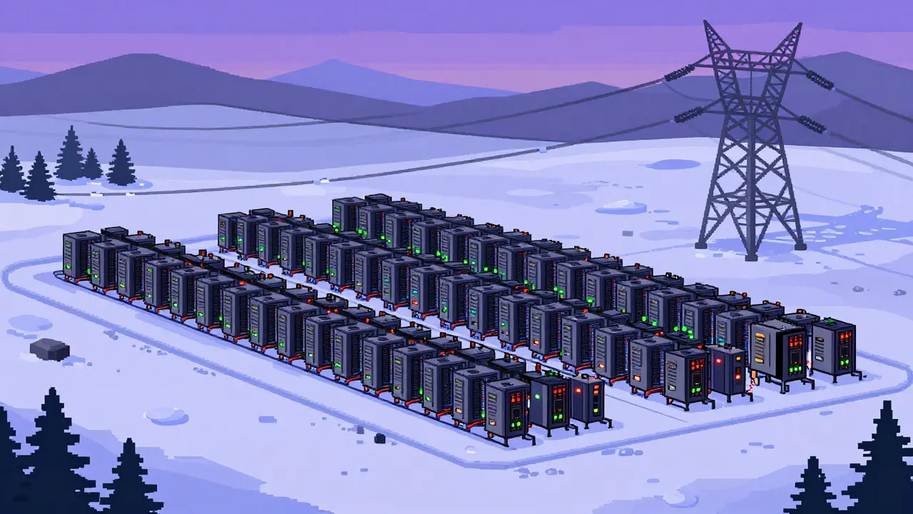Pixel art of a crypto mining farm in a snowy landscape with power pylons