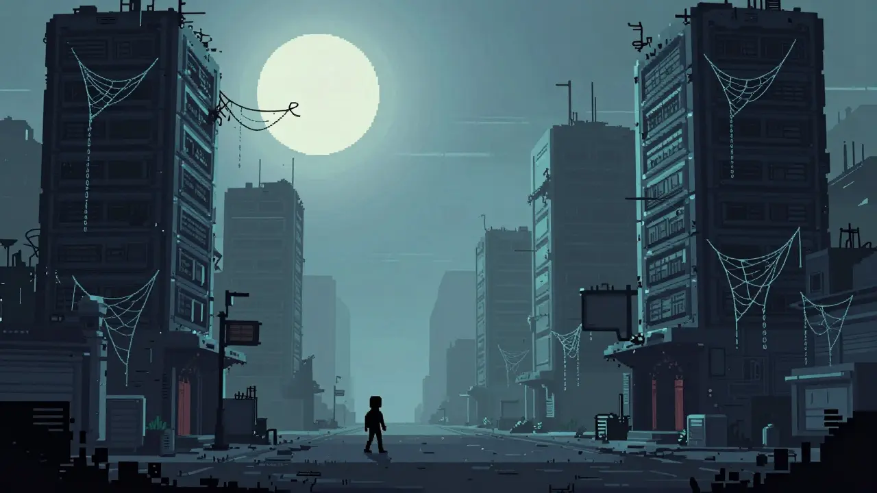 Pixel art of a desolate digital city representing an abandoned zombie protocol.