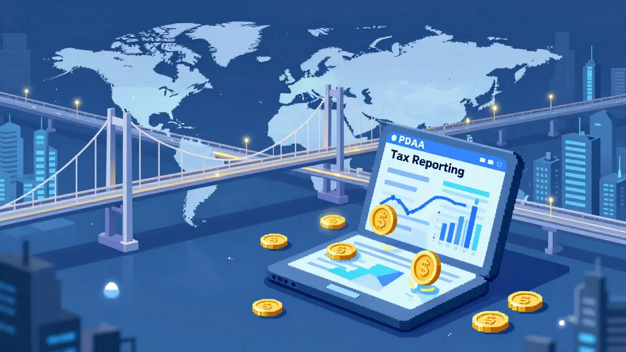 Pixel art of a digital bridge and a tax reporting tablet for crypto assets.