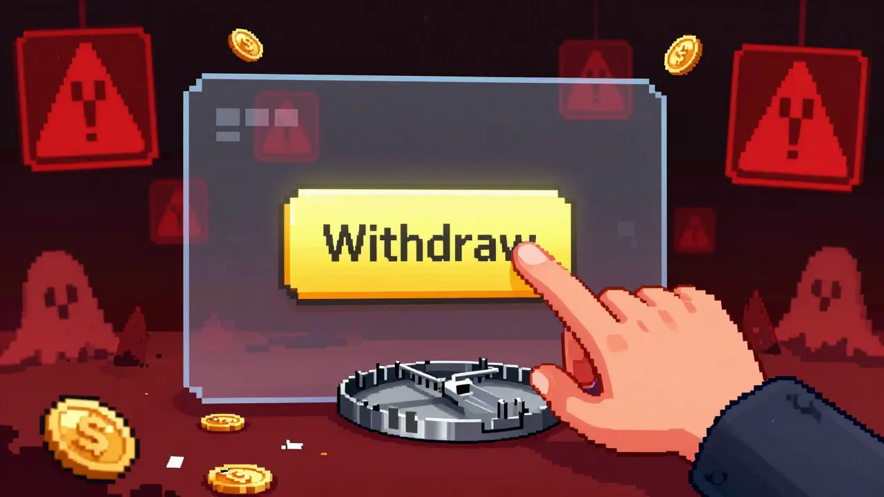Pixel art of a digital withdraw button acting as a metallic trap.