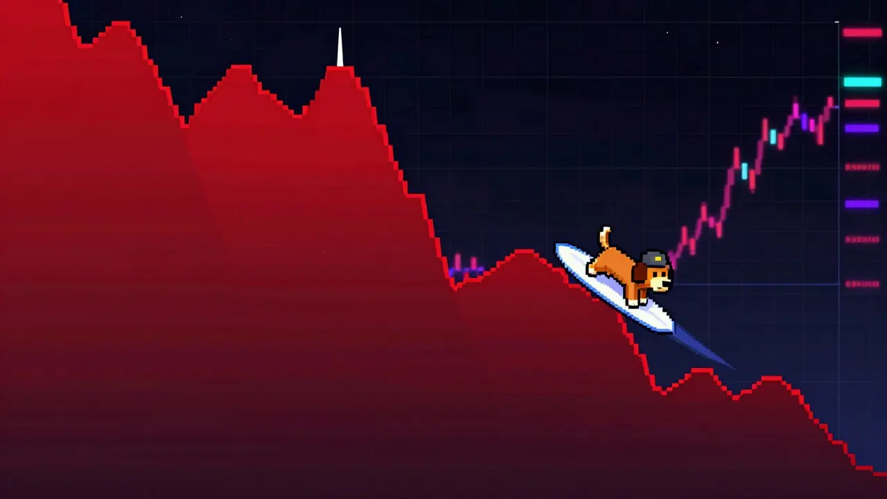 Pixel art of a dog surfing down a crashing red price chart in a neon cyberspace.