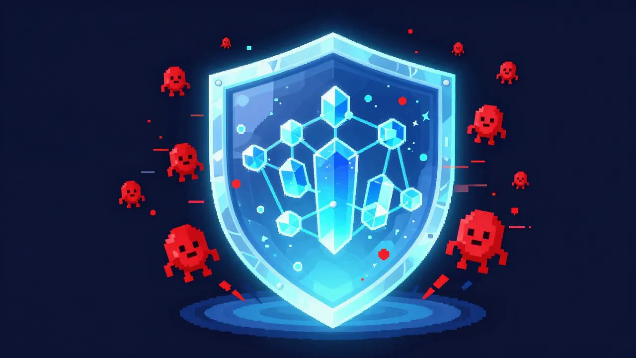 Pixel art of a glowing hexagonal energy shield protecting a network of crystalline nodes.