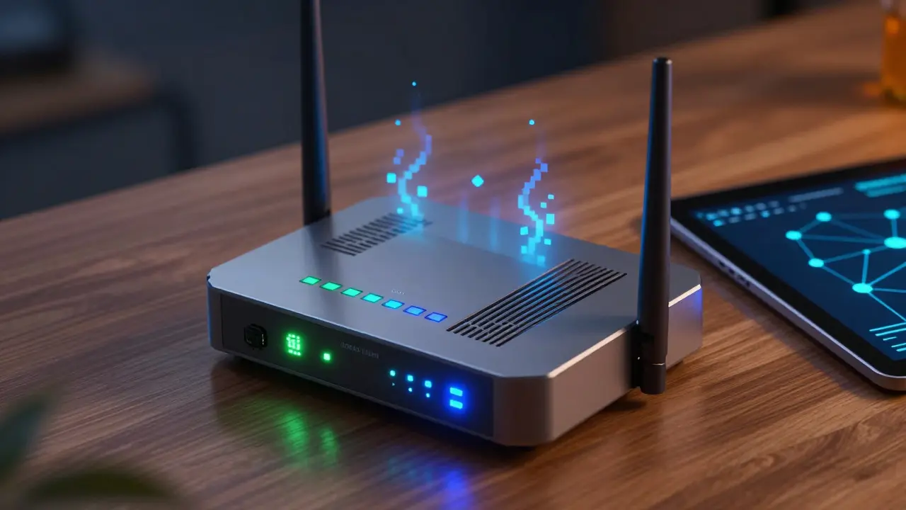 Pixel art of a glowing network router on a desk with indicators of overheating.