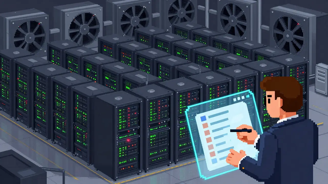 Pixel art of a high-tech crypto mining data center with server racks and a compliance officer.