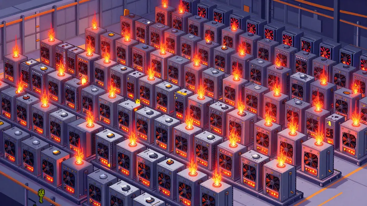Pixel art of a large industrial warehouse filled with rows of ASIC mining machines.