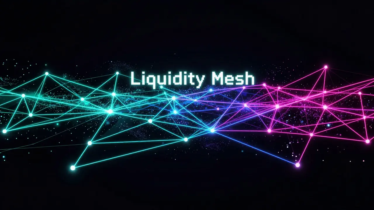 Pixel art of a neon glowing interconnected web of nodes representing a liquidity mesh.