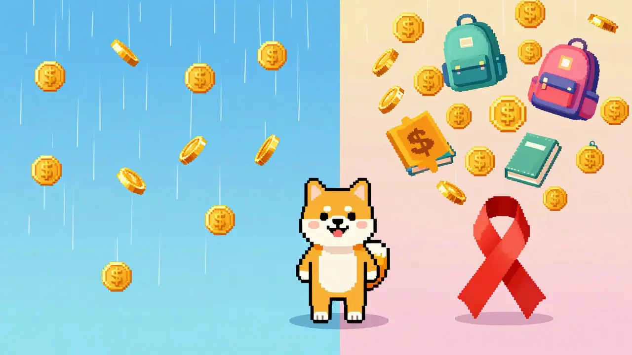 Pixel art of a Shiba Inu dog turning digital coins into school supplies and charity ribbons
