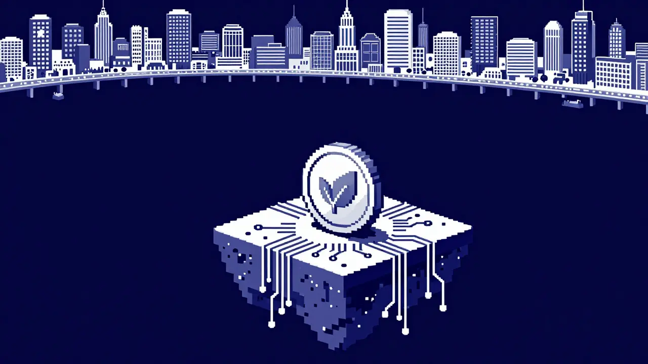 Pixel art of a single crypto coin isolated on a floating digital island in a dark void.