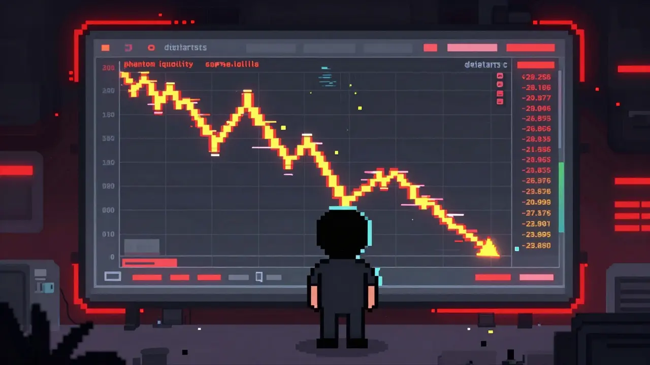 Pixel art of a trader facing a glitching, crashing crypto chart with red warnings.