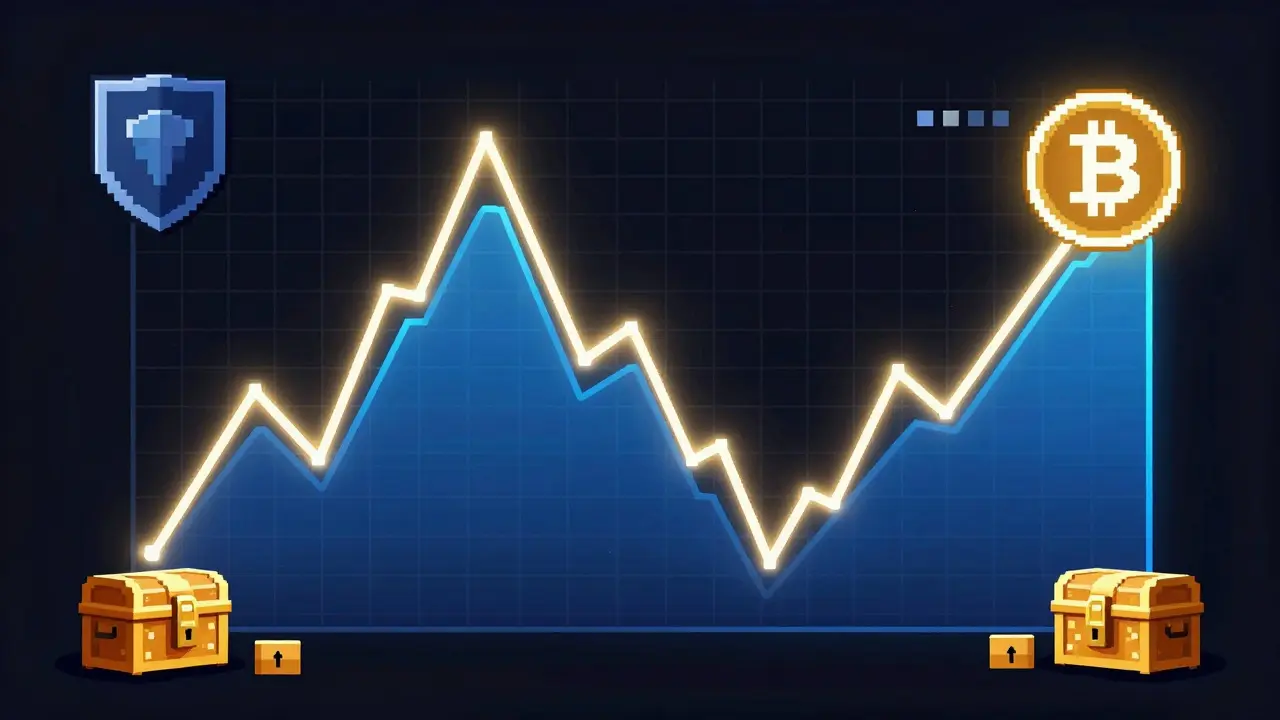 Pixel art of a volatile neon price graph with digital blockchain assets.
