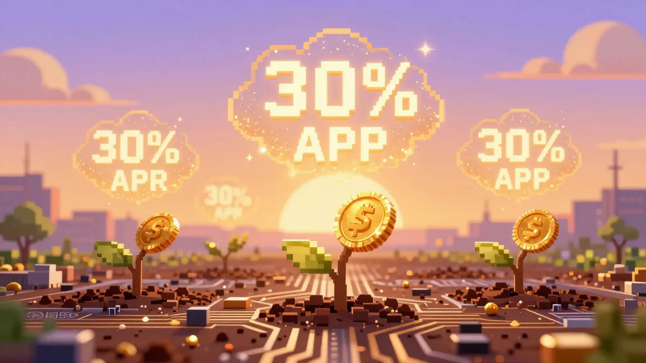 Pixel art of golden tokens growing like plants on a circuit board with floating yield percentages