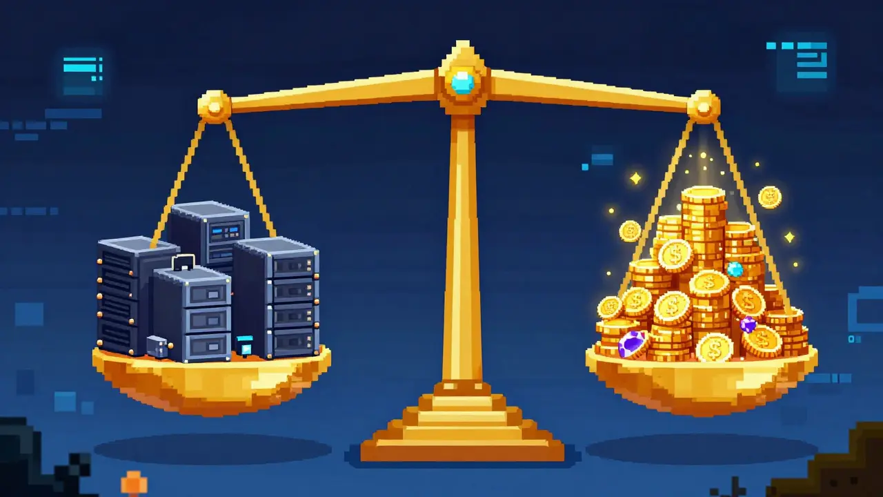 Pixel art showing a digital scale balancing hardware costs against a pile of gold coins.