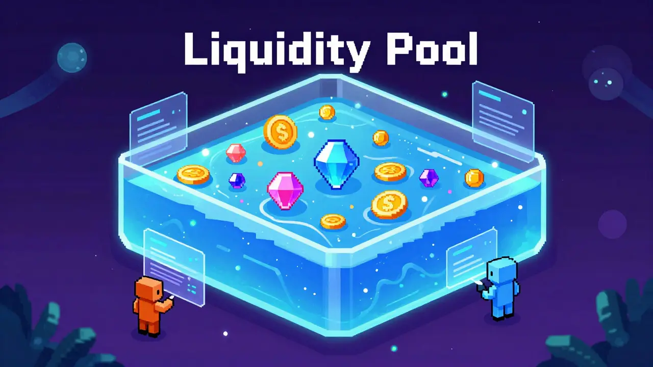 Pixel art showing a glowing digital liquidity pool with swirling cryptocurrency tokens