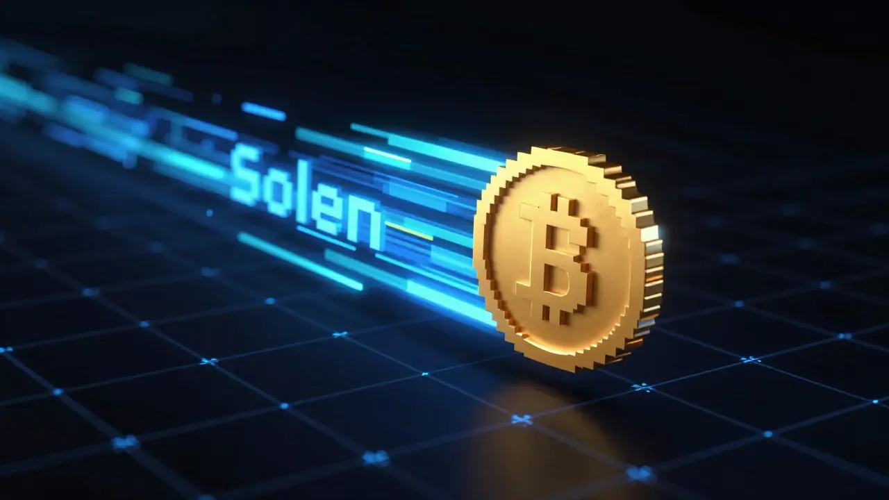Pixel art showing a gold coin traveling fast on a neon blue Solana blockchain data stream.