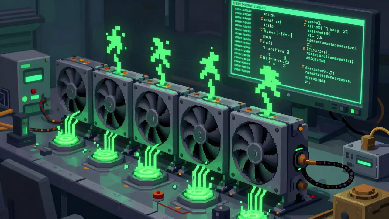 Pixel art showing a GPU mining rig processing blockchain transactions with green energy.