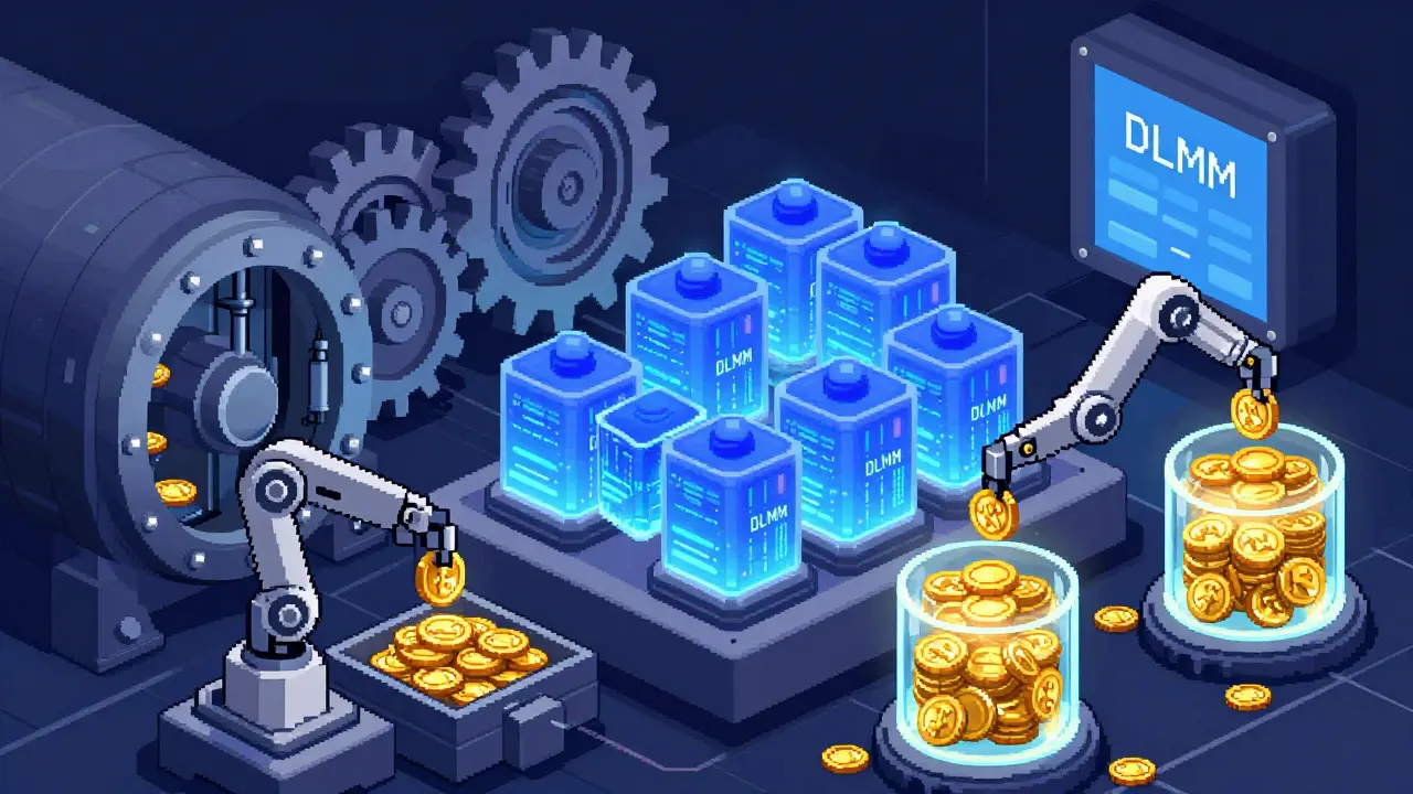 Pixel art showing a high-tech digital vault with golden coins and blue geometric data bins.