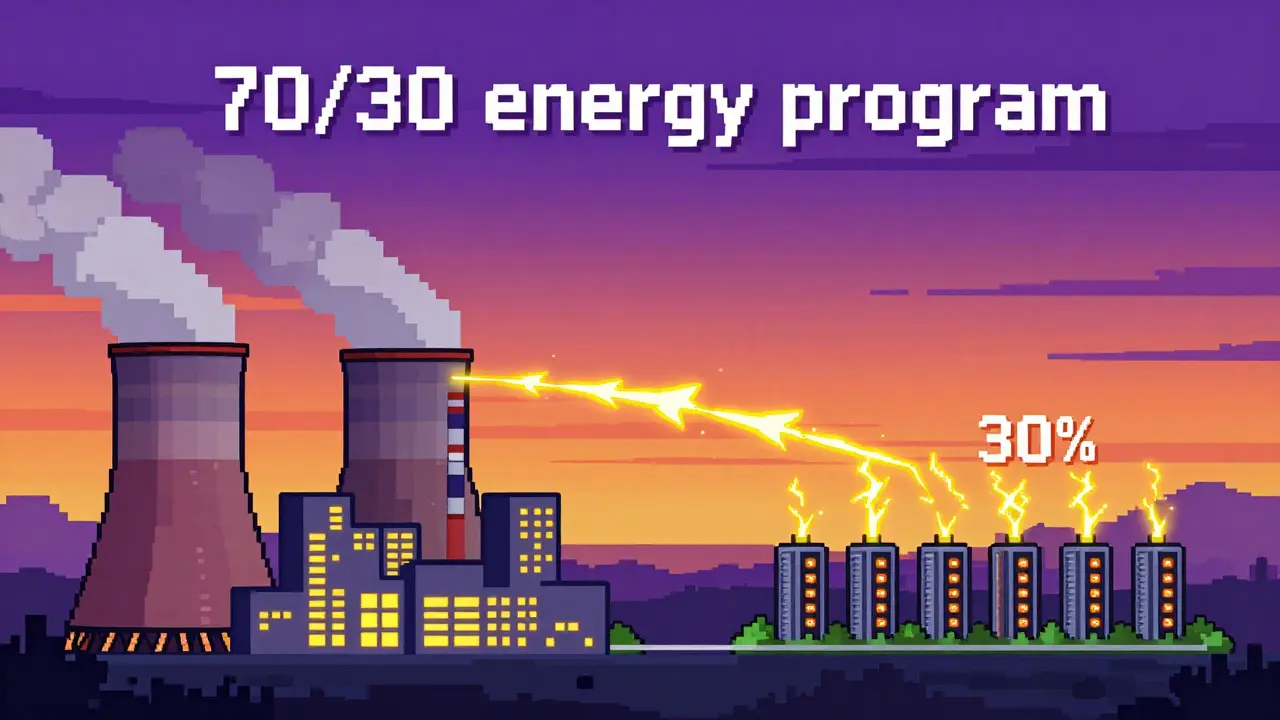 Pixel art showing a power plant splitting energy between a city grid and mining rigs.