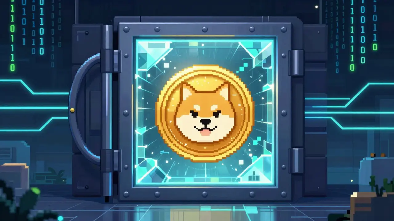 Pixel art showing a Shiba Inu token secured in a futuristic digital vault