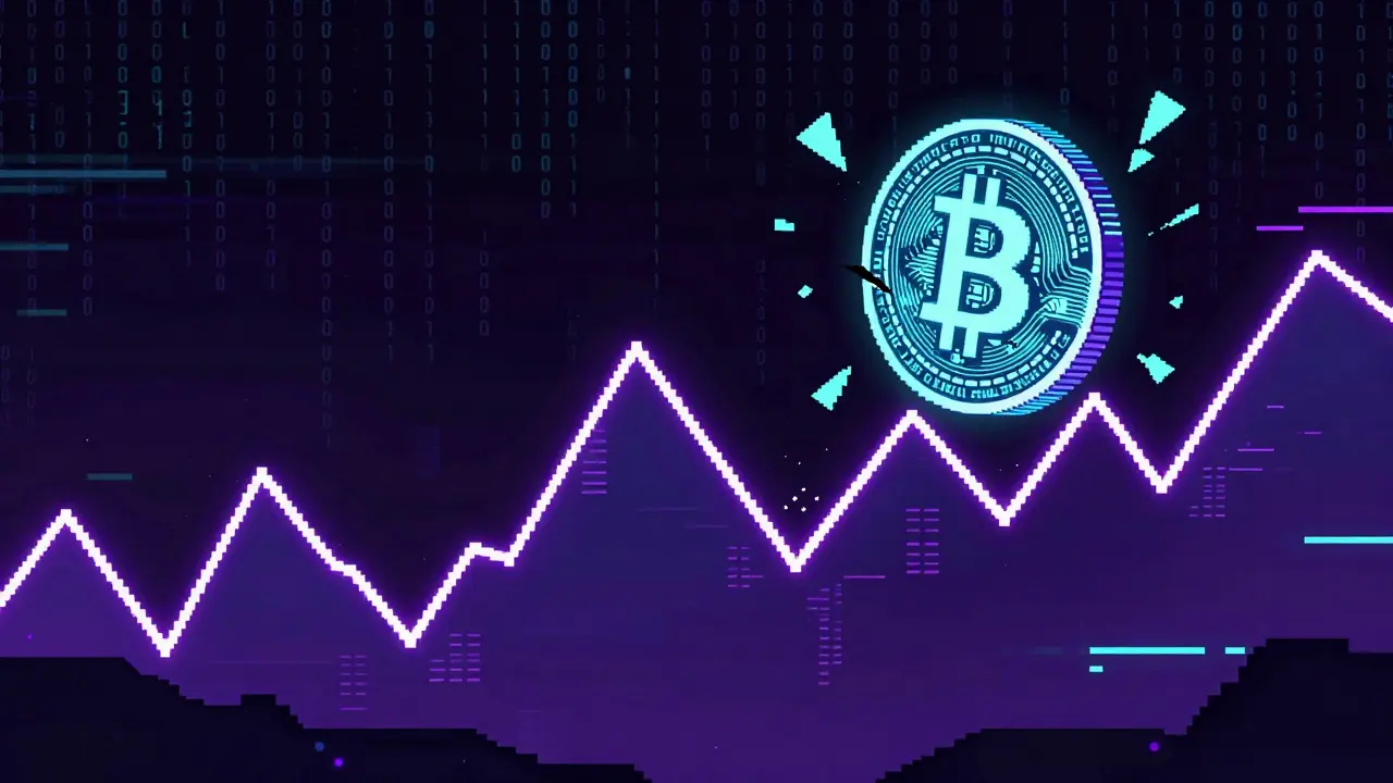 Pixel art showing a volatile neon crypto graph and a cracking digital coin in a cyber space.