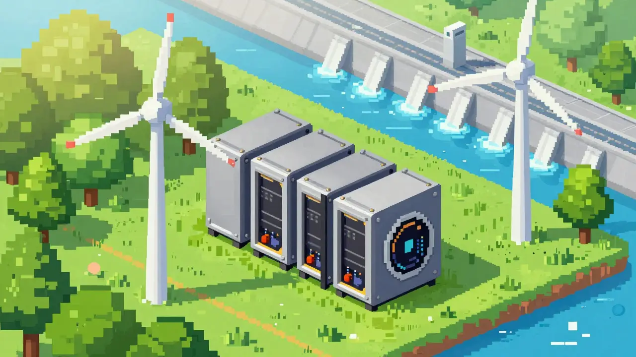 Pixel art showing ASIC miners powered by wind turbines and a hydroelectric dam.