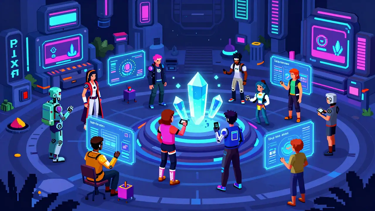 Pixel art showing cyberpunk characters interacting in a neon virtual plaza.