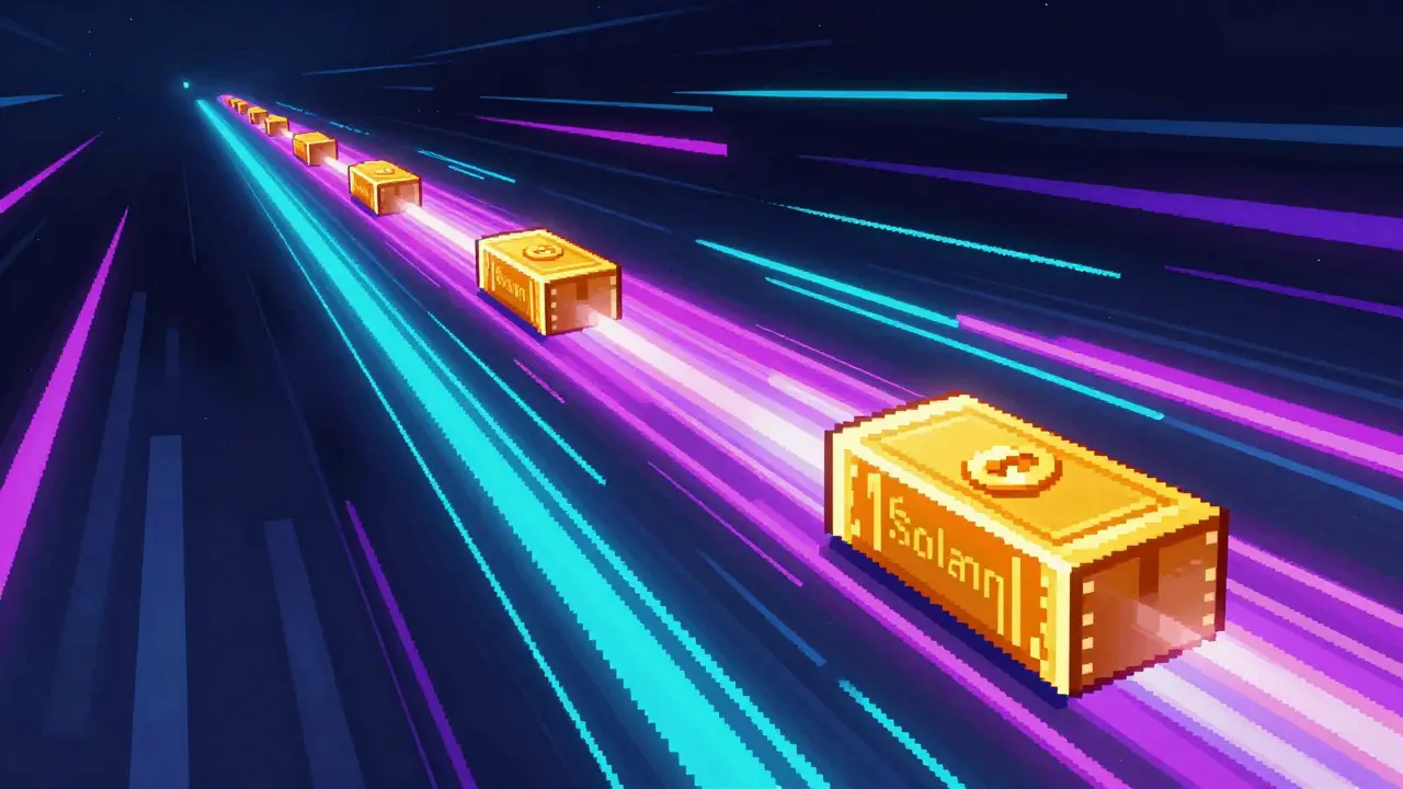 Pixel art showing golden tokens moving rapidly through a neon cyan blockchain network