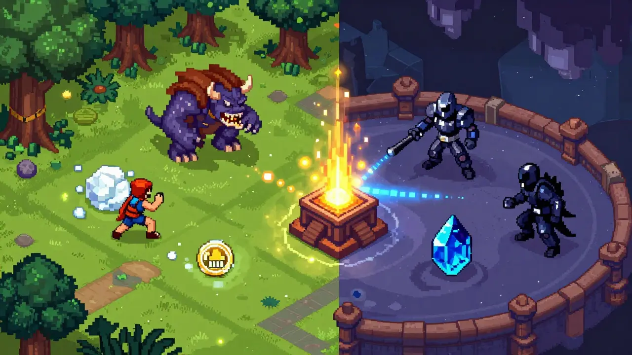 Pixel art showing the process of collecting White Ore and Obsidian to mint ARCA tokens