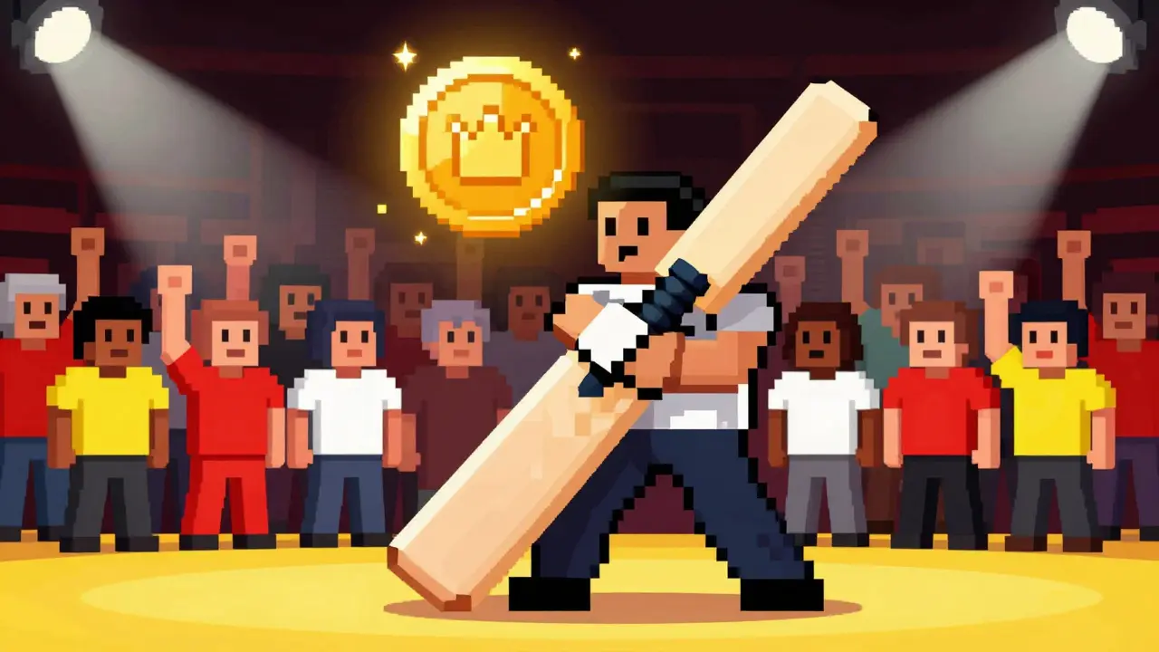 Pixelated cricket bat hitting a golden coin with cheering crowd.