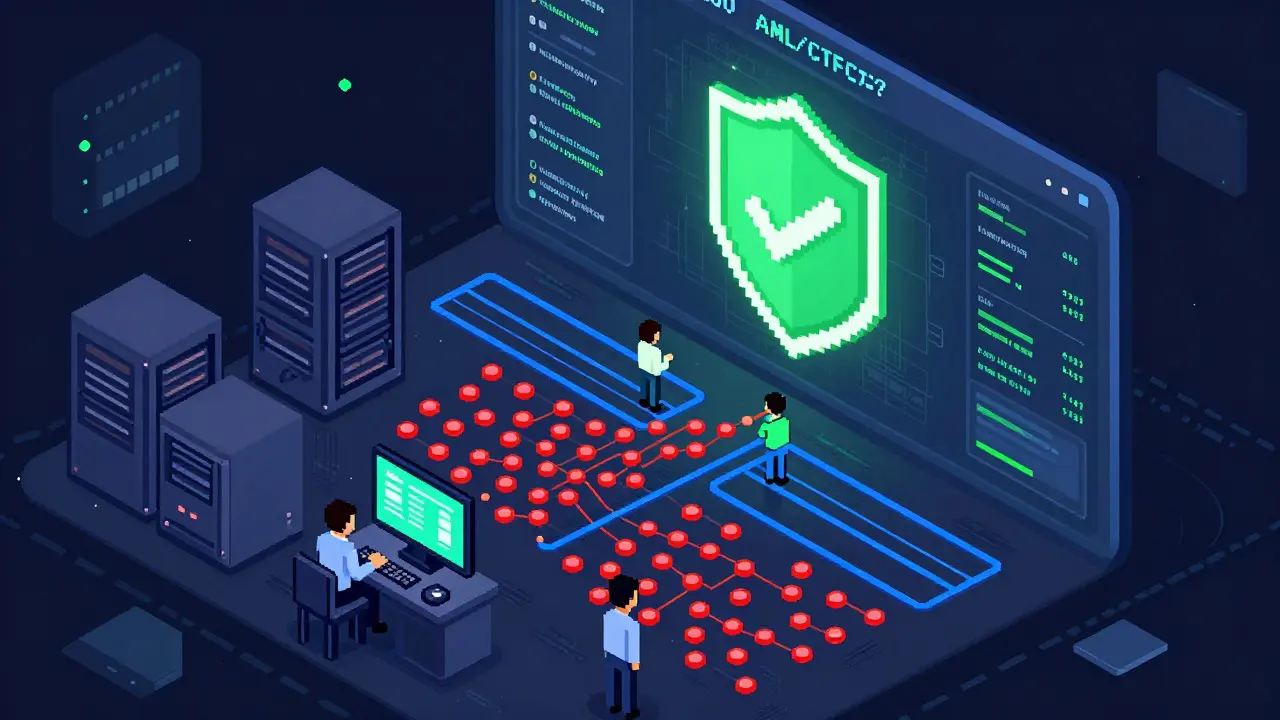 Isometric pixel art of a tech dashboard filtering blockchain transactions