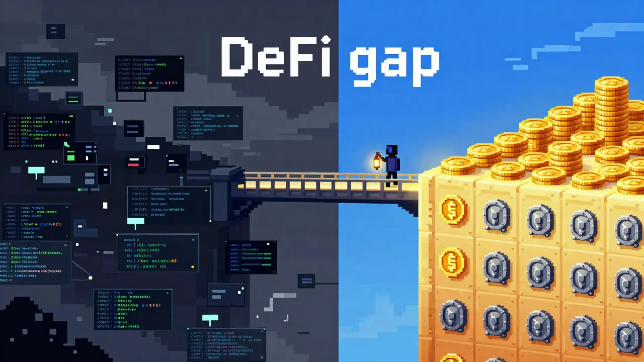 Pixel art bridge connecting chaotic code blocks to secure golden coins
