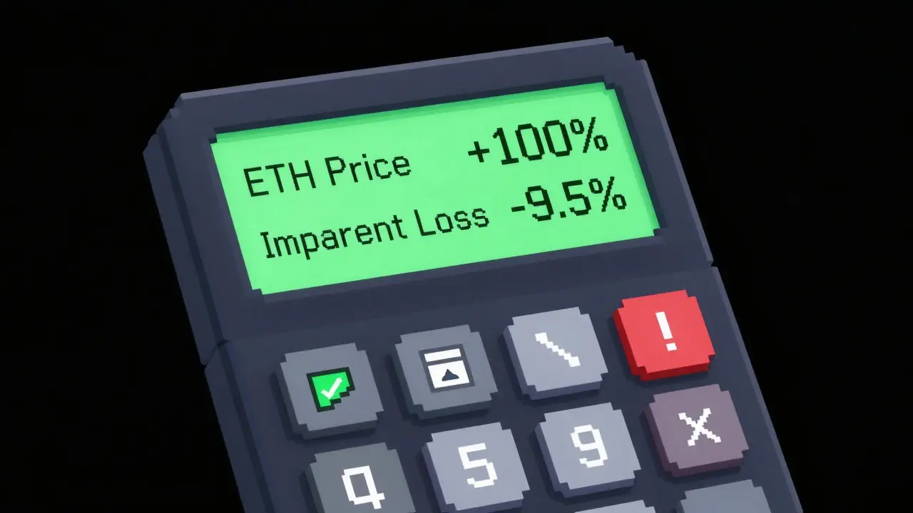 Pixel art calculator displaying impermanent loss percentages and tool icons.