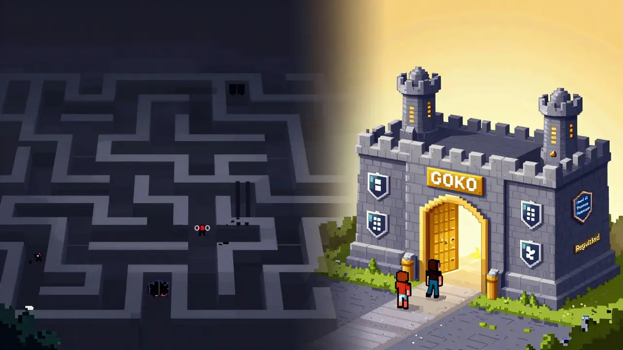 Pixel art comparing a dark risky maze to a bright secure crypto fortress