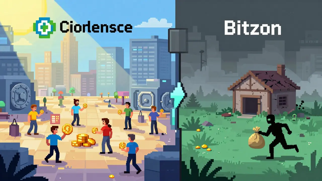 Pixel art comparing a safe, busy trading hub with a desolate, risky scam wasteland.